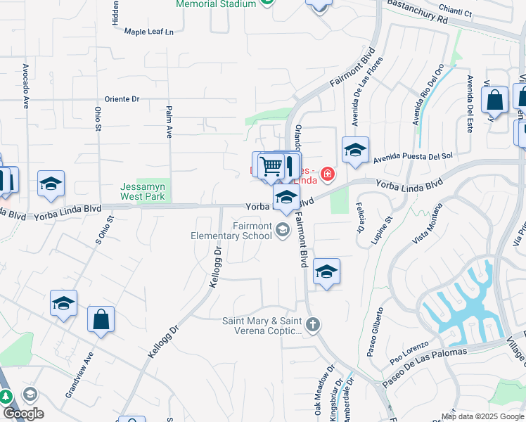 map of restaurants, bars, coffee shops, grocery stores, and more near 5001 Wagon Wheel Drive in Yorba Linda