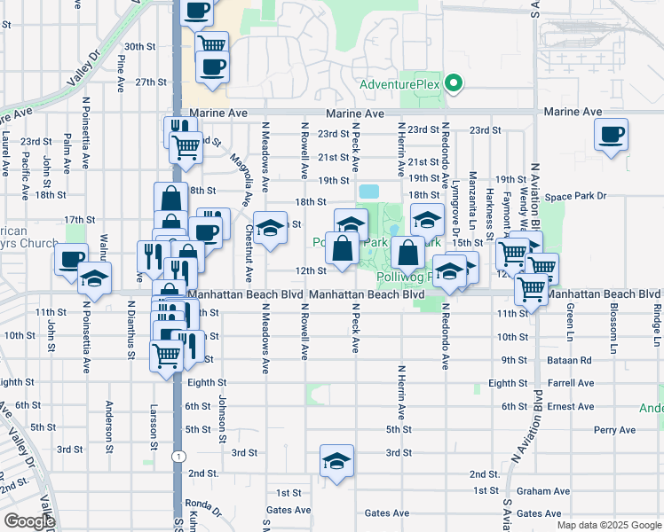 map of restaurants, bars, coffee shops, grocery stores, and more near 1437 12th Street in Manhattan Beach