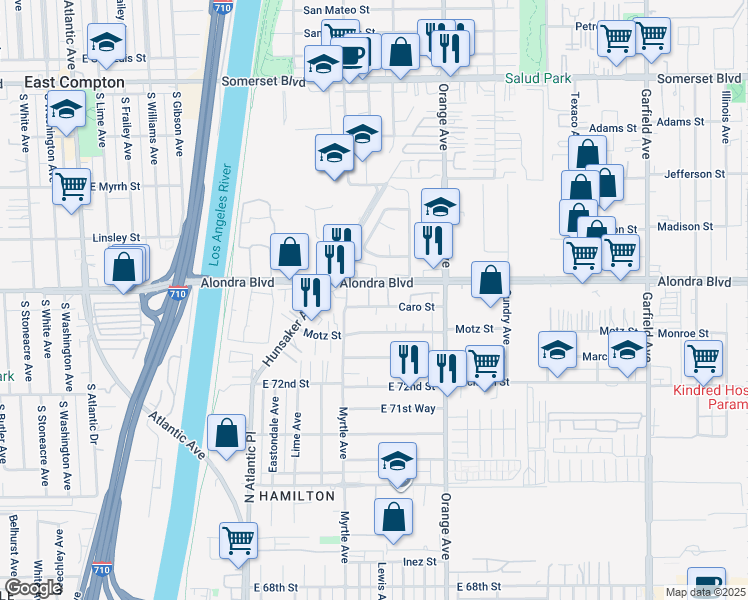 map of restaurants, bars, coffee shops, grocery stores, and more near 6681 Caro Street in Paramount