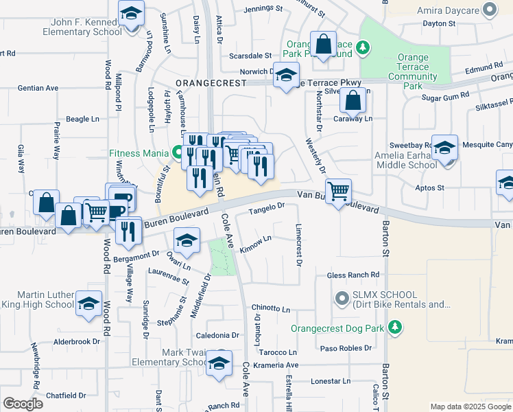 map of restaurants, bars, coffee shops, grocery stores, and more near 19516 Tangelo Drive in Riverside