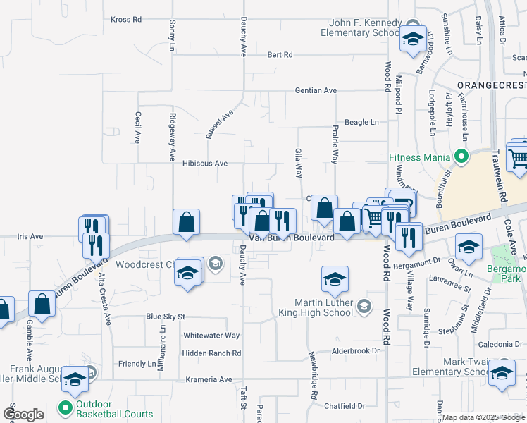 map of restaurants, bars, coffee shops, grocery stores, and more near 18580 Van Buren Boulevard in Riverside