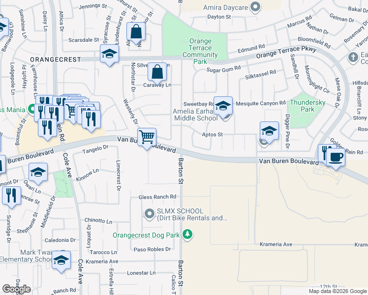 map of restaurants, bars, coffee shops, grocery stores, and more near 8998 Barton Street in Riverside