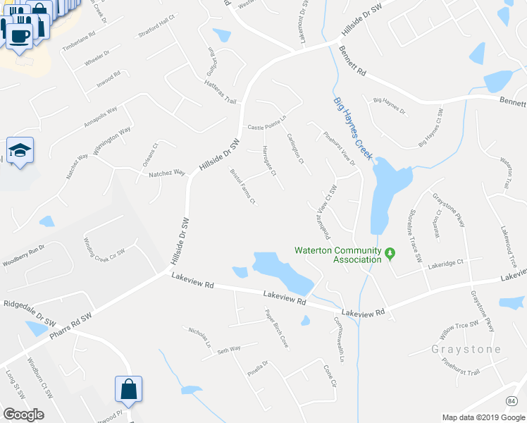 map of restaurants, bars, coffee shops, grocery stores, and more near 1802 Bristol Farms Court in Grayson