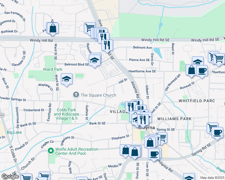 map of restaurants, bars, coffee shops, grocery stores, and more near 2638 Brown Circle Southeast in Smyrna