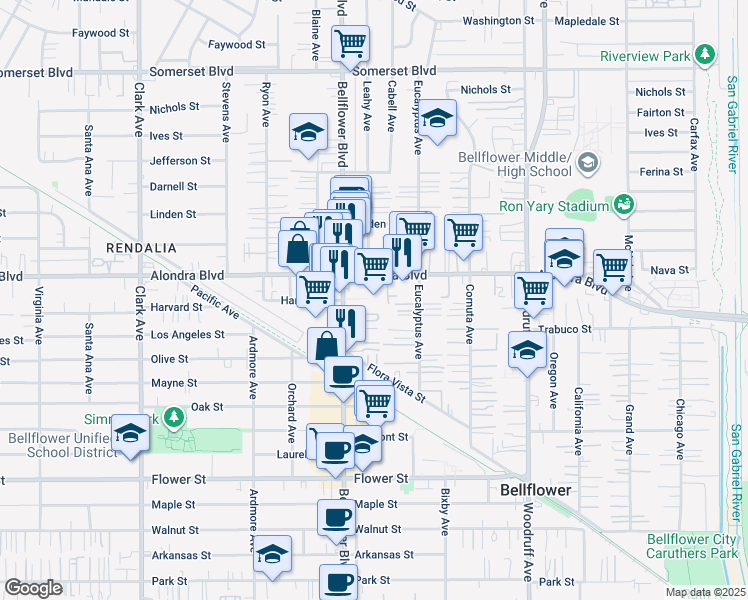 map of restaurants, bars, coffee shops, grocery stores, and more near 16115 1/4 Eucalyptus Avenue in Bellflower