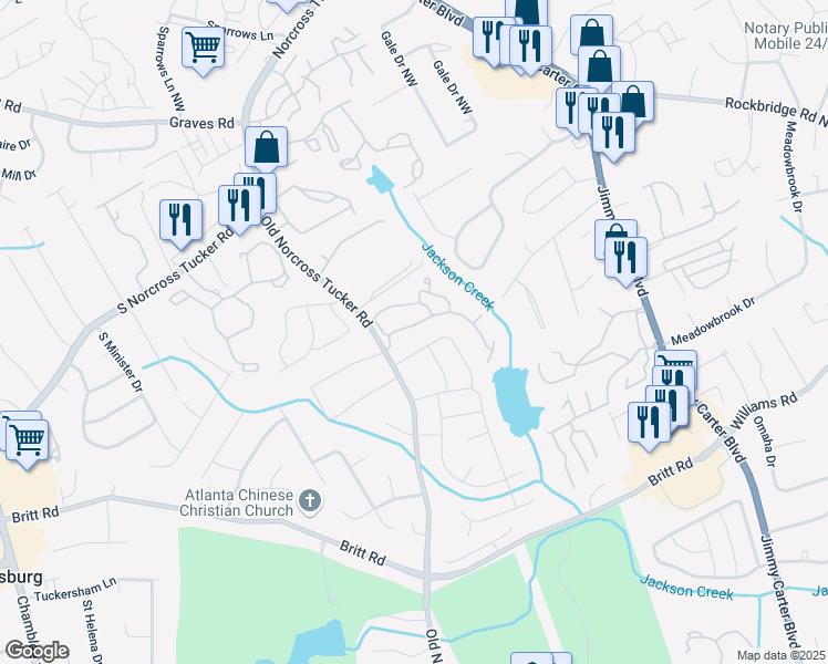 map of restaurants, bars, coffee shops, grocery stores, and more near 6438 Wedgeview Drive in Tucker