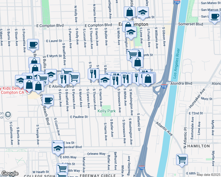 map of restaurants, bars, coffee shops, grocery stores, and more near 2416 East Alondra Boulevard in Compton