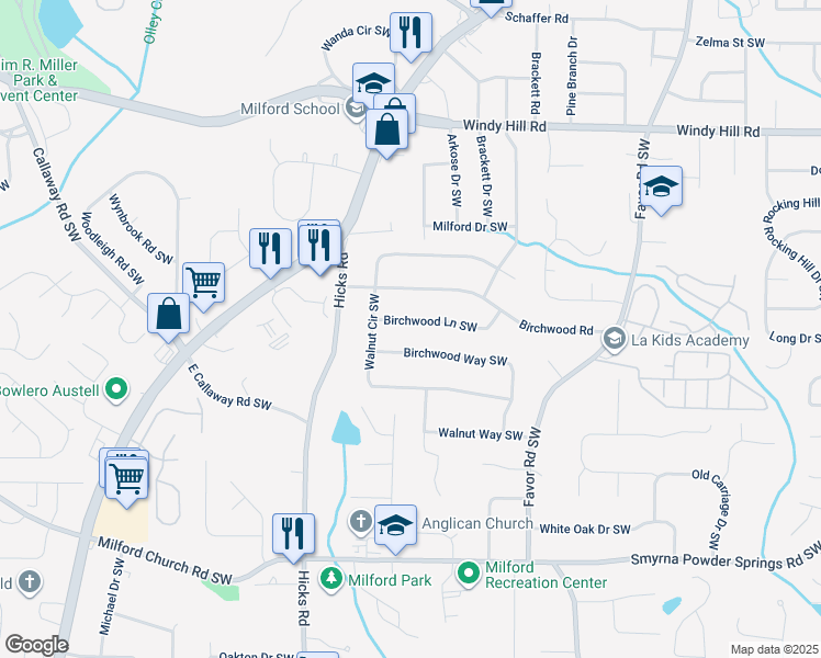 map of restaurants, bars, coffee shops, grocery stores, and more near 739 Birchwood Lane Southwest in Marietta
