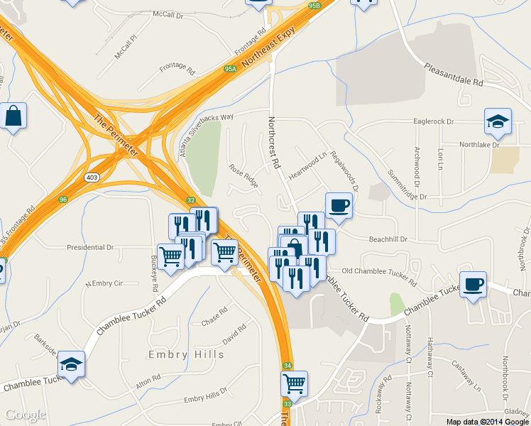 map of restaurants, bars, coffee shops, grocery stores, and more near 3341 Stonecrest Court in Atlanta