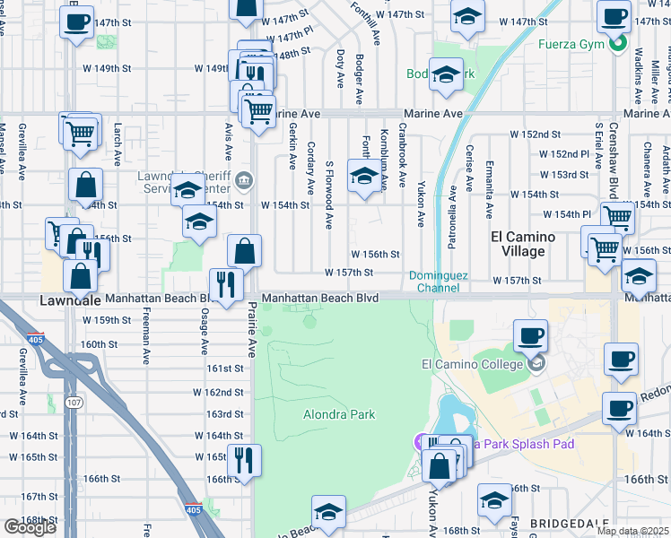 map of restaurants, bars, coffee shops, grocery stores, and more near in El Camino Village