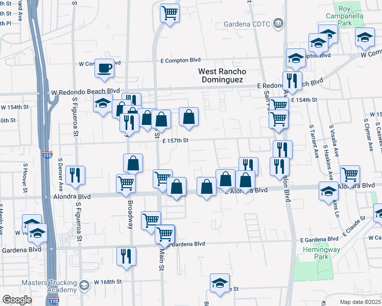 map of restaurants, bars, coffee shops, grocery stores, and more near 200 East Newfield Street in Gardena