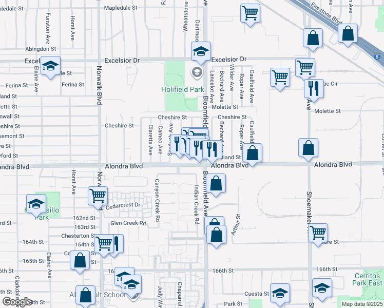map of restaurants, bars, coffee shops, grocery stores, and more near 12527 Alondra Boulevard in Norwalk