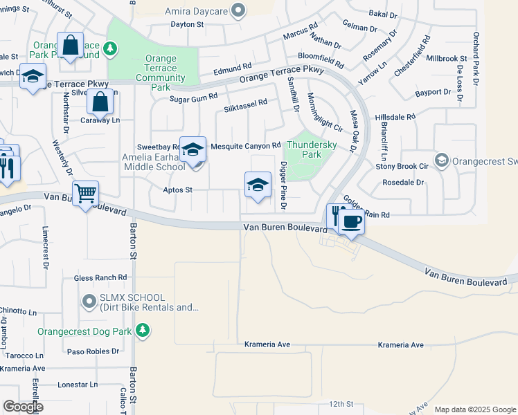 map of restaurants, bars, coffee shops, grocery stores, and more near 20440 Red Poppy Lane in Riverside
