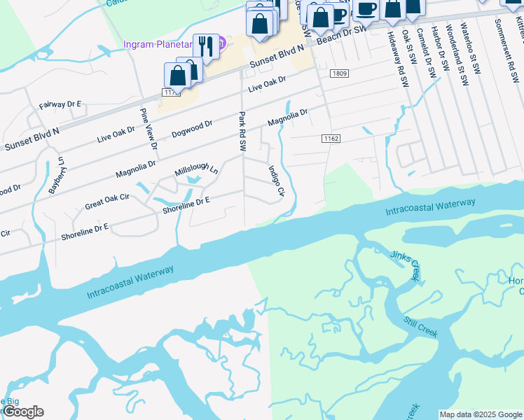 map of restaurants, bars, coffee shops, grocery stores, and more near 1135 Park Road Southwest in Sunset Beach