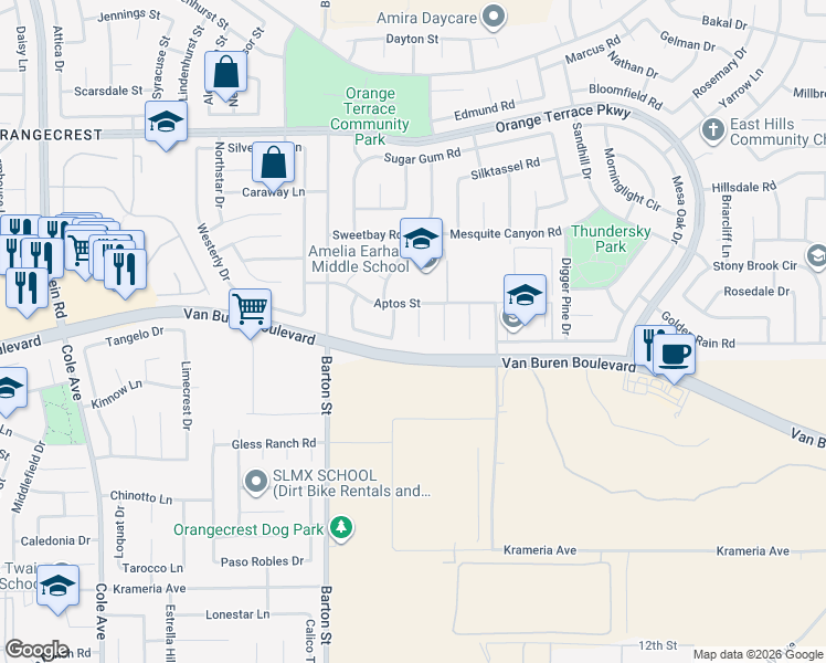 map of restaurants, bars, coffee shops, grocery stores, and more near 8949 Pine Needles Court in Riverside