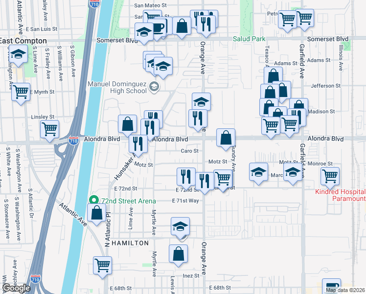 map of restaurants, bars, coffee shops, grocery stores, and more near 6802 Caro Street in Paramount