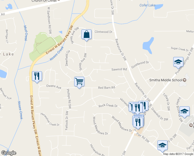 map of restaurants, bars, coffee shops, grocery stores, and more near 2655 Smokehouse Place in Marietta