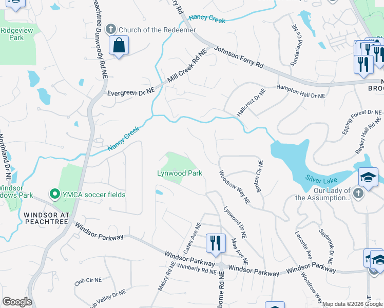 map of restaurants, bars, coffee shops, grocery stores, and more near 3369 Osborne Road Northeast in Brookhaven