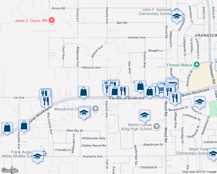 map of restaurants, bars, coffee shops, grocery stores, and more near 15931 Dauchy Avenue in Riverside