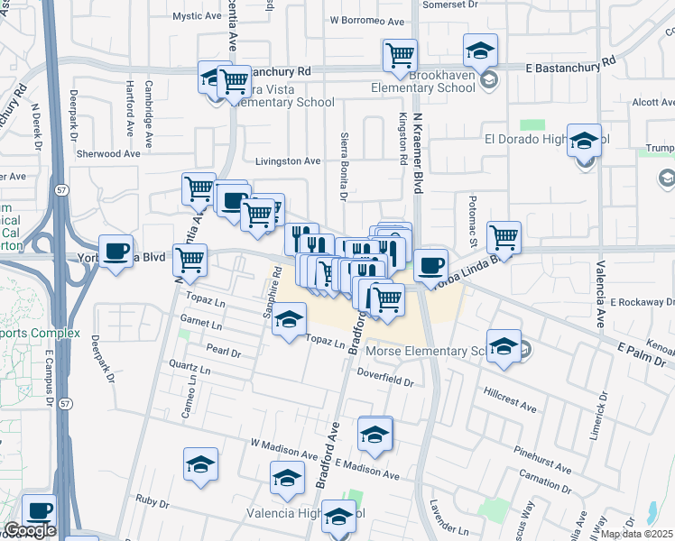 map of restaurants, bars, coffee shops, grocery stores, and more near 3301 Yorba Linda Boulevard in Fullerton