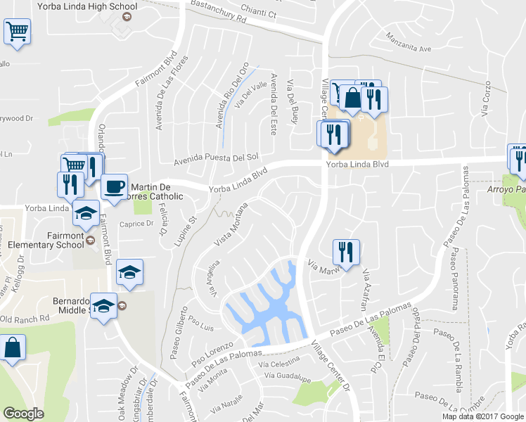 map of restaurants, bars, coffee shops, grocery stores, and more near 20361 Vía Juana in Yorba Linda