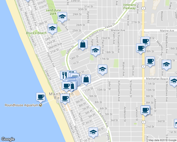 map of restaurants, bars, coffee shops, grocery stores, and more near 1315 Church Street in Manhattan Beach