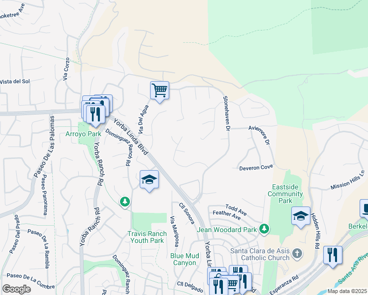 map of restaurants, bars, coffee shops, grocery stores, and more near 21655 Waterford Drive in Yorba Linda