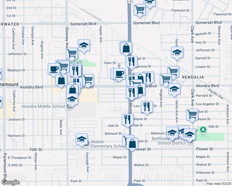 map of restaurants, bars, coffee shops, grocery stores, and more near 8810 Burton Street in Bellflower
