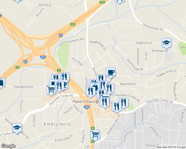 map of restaurants, bars, coffee shops, grocery stores, and more near 3378 Ivys Walk in Doraville