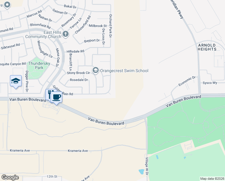 map of restaurants, bars, coffee shops, grocery stores, and more near 8998 Goshen Court in Riverside