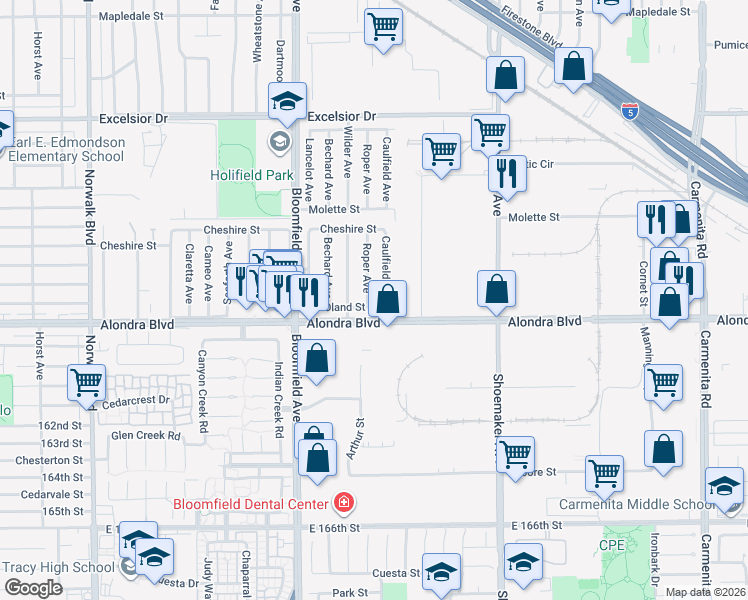 map of restaurants, bars, coffee shops, grocery stores, and more near 12738 Oland Street in Norwalk