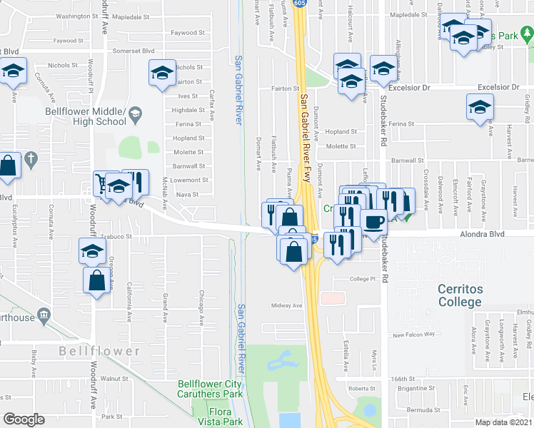 map of restaurants, bars, coffee shops, grocery stores, and more near 10628 Hayford Street in Norwalk