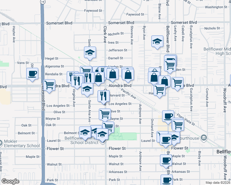 map of restaurants, bars, coffee shops, grocery stores, and more near 9444 Harvard Street in Bellflower