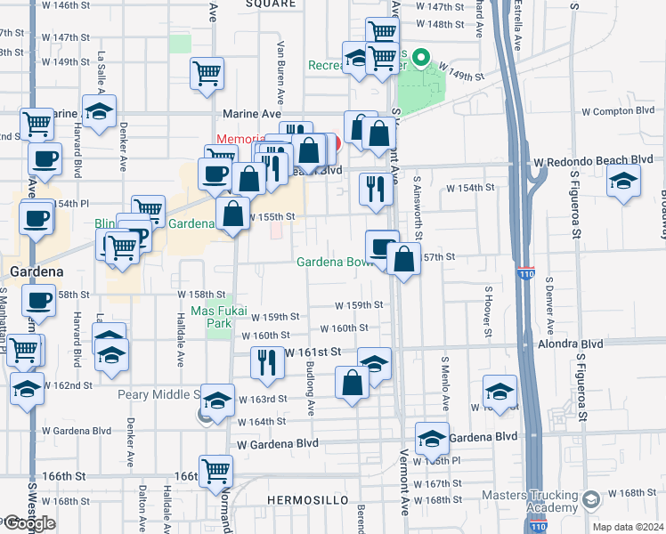 map of restaurants, bars, coffee shops, grocery stores, and more near 1139 West 158th Street in Gardena
