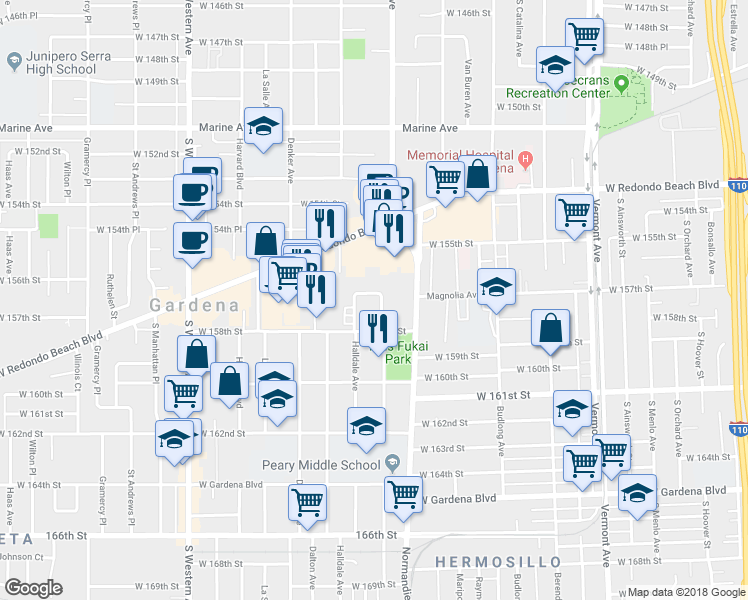 map of restaurants, bars, coffee shops, grocery stores, and more near 15722 Brighton Avenue in Gardena