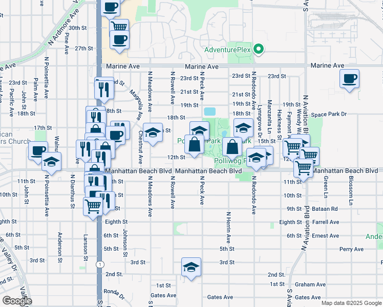 map of restaurants, bars, coffee shops, grocery stores, and more near 1420 12th Street in Manhattan Beach