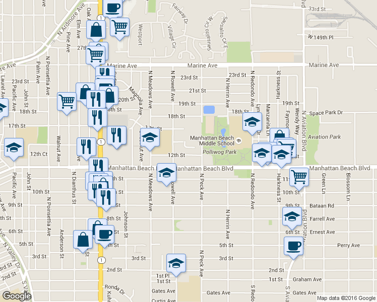 map of restaurants, bars, coffee shops, grocery stores, and more near 1420 12th Street in Manhattan Beach