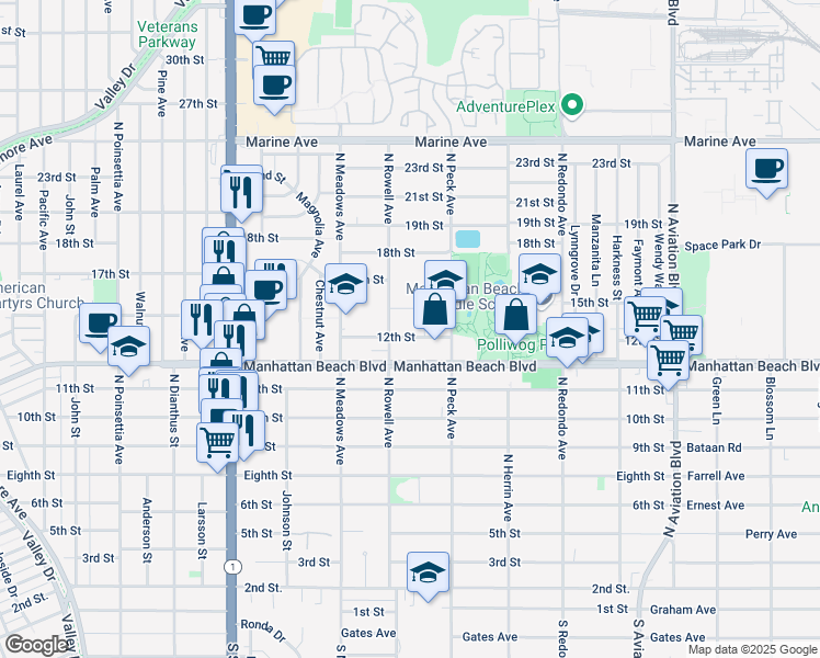 map of restaurants, bars, coffee shops, grocery stores, and more near 1420 12th Street in Manhattan Beach