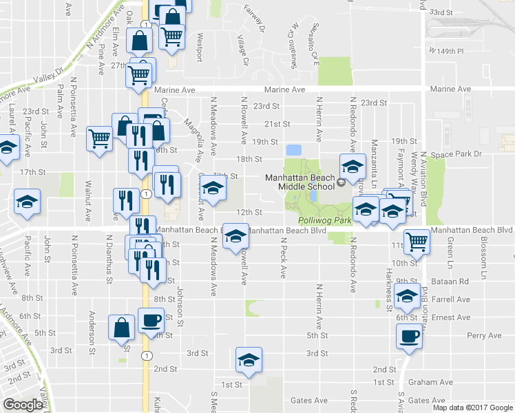 map of restaurants, bars, coffee shops, grocery stores, and more near 1421 12th Street in Manhattan Beach