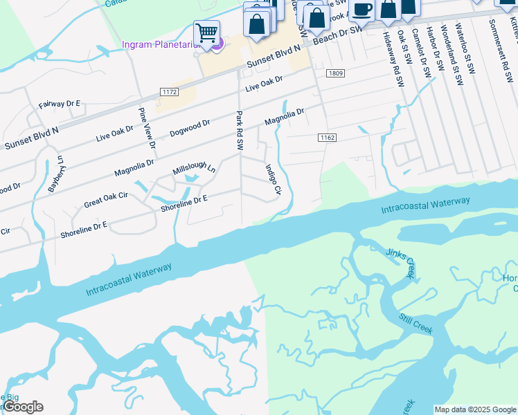 map of restaurants, bars, coffee shops, grocery stores, and more near 1135 Park Road Southwest in Sunset Beach