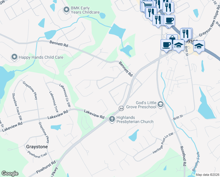 map of restaurants, bars, coffee shops, grocery stores, and more near 1040 Windsor Place Circle Southwest in Grayson