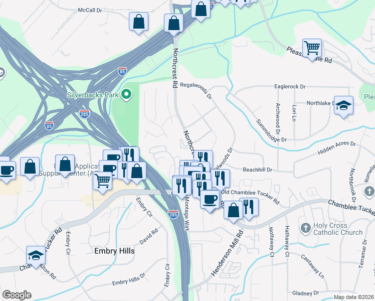 map of restaurants, bars, coffee shops, grocery stores, and more near 3378 Ivys Walk in Doraville