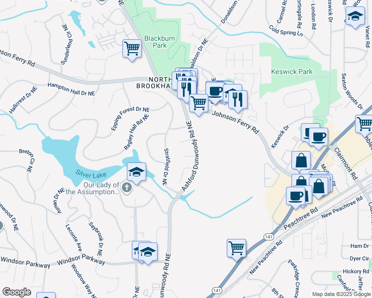 map of restaurants, bars, coffee shops, grocery stores, and more near 3368 Ashford Dunwoody Road Northeast in Atlanta