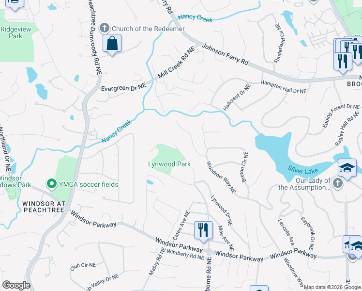 map of restaurants, bars, coffee shops, grocery stores, and more near 3369 Osborne Road Northeast in Brookhaven