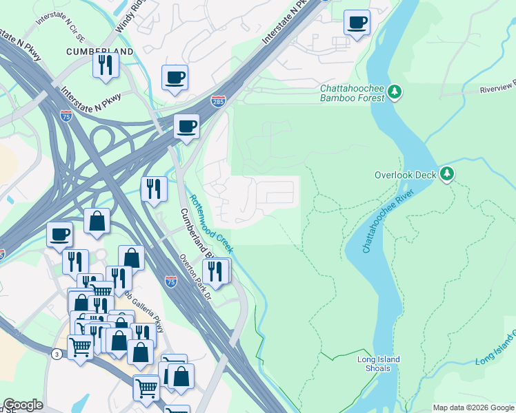 map of restaurants, bars, coffee shops, grocery stores, and more near 3645 Chattahoochee Summit Drive Southeast in Atlanta
