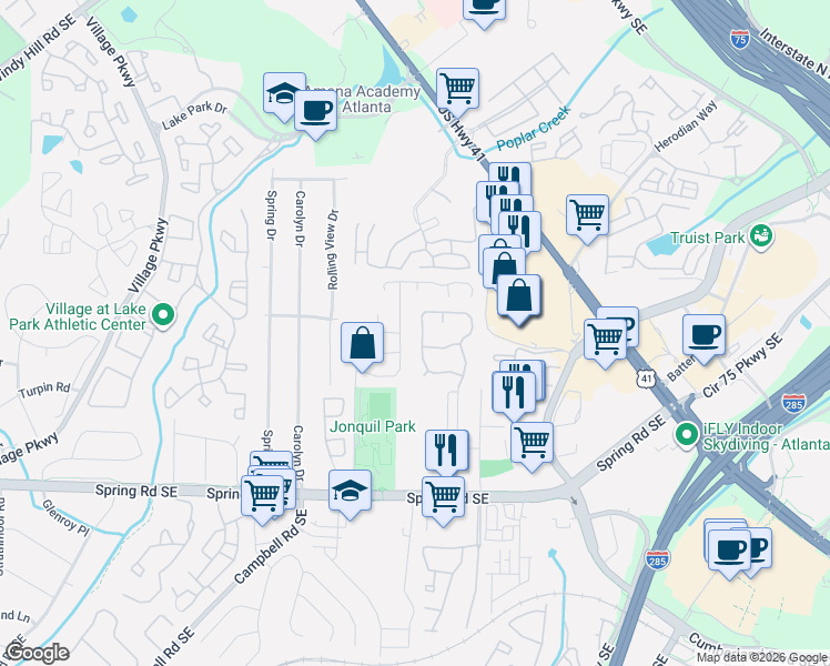 map of restaurants, bars, coffee shops, grocery stores, and more near 2028 Oakley Trace in Smyrna