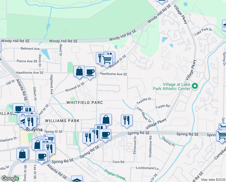 map of restaurants, bars, coffee shops, grocery stores, and more near 1531 Springleaf Cove Southeast in Smyrna