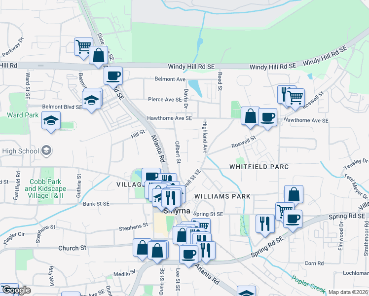 map of restaurants, bars, coffee shops, grocery stores, and more near 2670 Devin Court Southeast in Smyrna