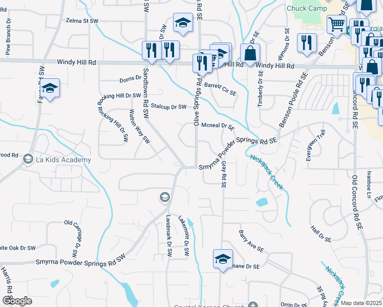 map of restaurants, bars, coffee shops, grocery stores, and more near 2664 Olive Springs Road Southeast in Marietta
