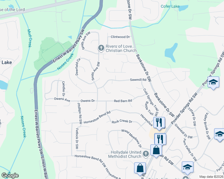 map of restaurants, bars, coffee shops, grocery stores, and more near 2655 Smokehouse Place in Marietta